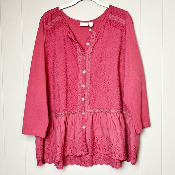LOGO Lavish Lori Goldstein Button Front Top Large eyelet peplum tunic coral - Picture 12 of 12